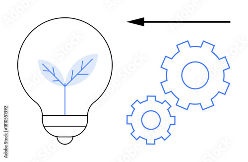 Renewable energy concept. Lightbulb with green leaf eco-energy alongside gear mechanism. Renewable energy development, sustainable engineering, eco-innovation, green solutions, environmental