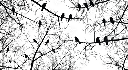 Flock of black crows sitting on bare tree branches silhouette, isolated vector illustration background, spooky Halloween nature design element for gothic art.