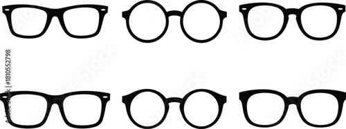 Minimal vector illustration of assorted eyeglass frames featuring round and square shapes, showcasing stylish optical silhouettes for design projects, branding, and fashion concepts