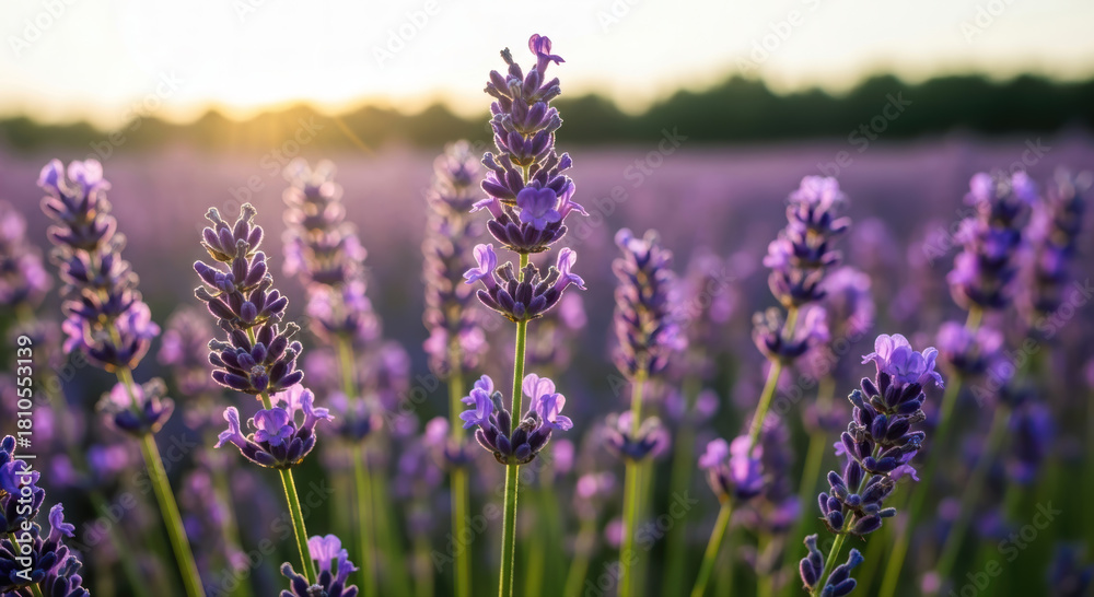 Obraz premium Vibrant blooming lavender flowers in a vast fragrant field, beautifully illuminated by the warm golden sunbeams during a serene sunset.