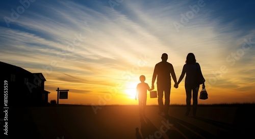 Loving family with a child walks into the sunset after buying a new house in a suburban neighborhood