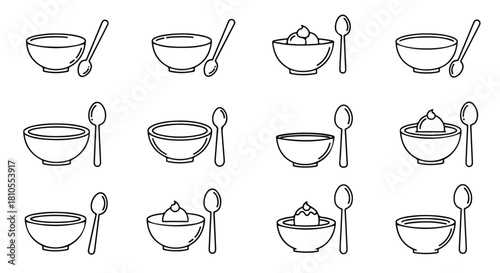 Bowl and spoon line icons set for food and dessert