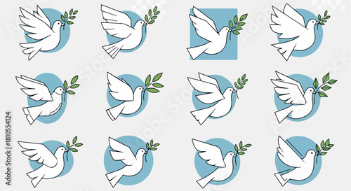 Peace dove icons with olive branch