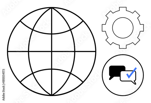 Globe with latitude-longitude lines, gear symbol, chat bubbles with a checkmark. Ideal for teamwork, problem-solving, network, communication, globalization collaboration technology. Simple flat