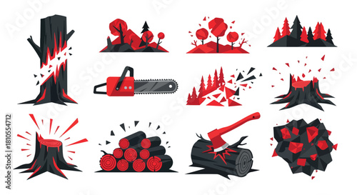 Logging scene with felled trees and tools