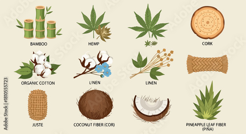 Natural fibers collection: bamboo, hemp, cotton, linen, cork