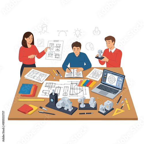 Three engineers collaborating on product design and development, using blueprints, 3D models, and CAD software at a large work table.