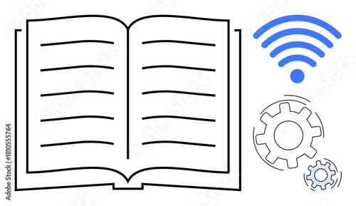 Open book alongside blue wireless signal and interconnected gear icons. Ideal for education, technology, innovation, knowledge sharing, digital transformation, online learning, and progress themes