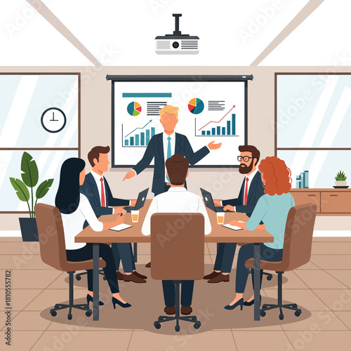 A business manager presents a report with charts and graphs to colleagues during a meeting in a modern office conference room.