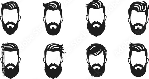 Bearded Man Face Icon Vector Set, Hipster Head and Hairstyle Black Flat Drawing, Modern Gentlemen Beard Style Graphics for Barbershop and Fashion Design
