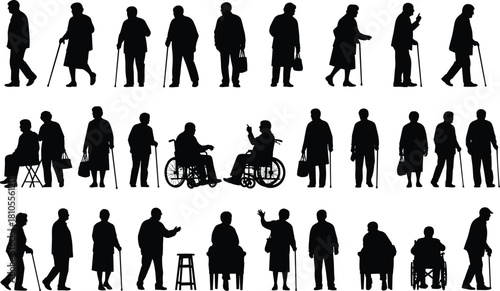 Large Elderly Senior People Silhouette Vector Set, Old Man and Woman Walking Wheelchair Cane Icons, Black Flat Drawing of Aged Health Assistance and Disability Graphics