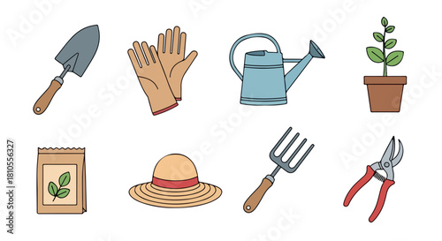 Gardening tools and plants collection with transparent background