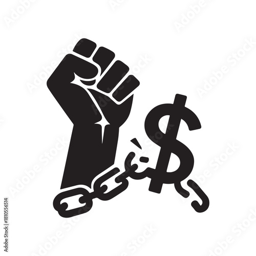 Breaking free from financial constraints and gaining control with a strong fist and symbolic chain breaking dollar sign silhouette