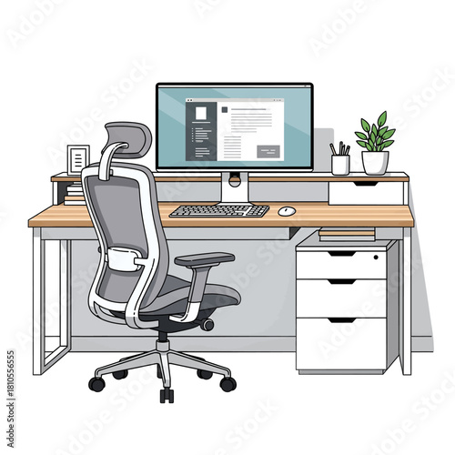 Illustration of a modern desk setup with a computer, chair, and filing cabinet.