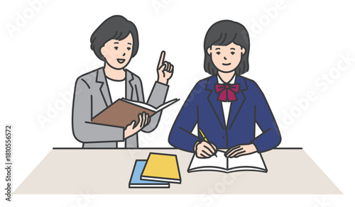 勉強を教える家庭教師と女子生徒のイラスト素材