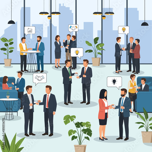 Business networking event with people exchanging cards and ideas in an office.