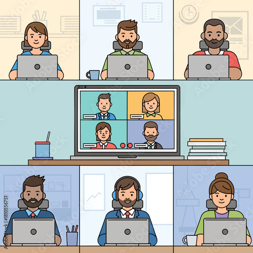 Split-screen illustration of office workers collaborating via a video conference call.
