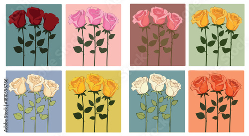 Colorful roses collection in square frames