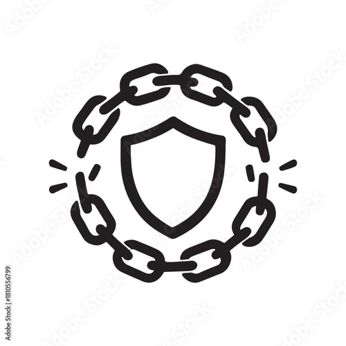 Broken chain encircling a shield symbolizing security vulnerability and data breach illustration concept in black and white minimal design silhouette