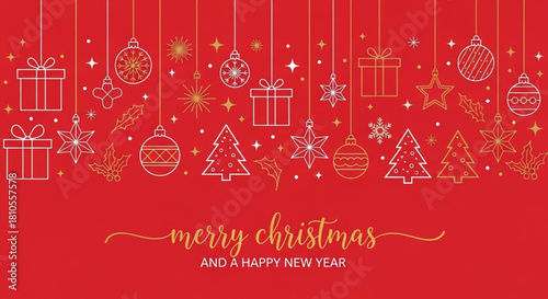 Merry Christmas and Happy New Year background, greeting card, poster, holiday cover . Christmas background with hanging icons and greetings. Festive decoration. Vector . Christmas card