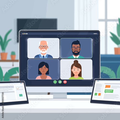 A computer screen showing a video conference with four diverse participants, flanked by two tablets displaying work-related content on a modern desk.