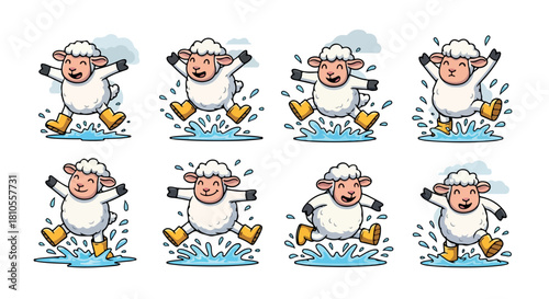 Happy sheep jumping in puddles with yellow boots