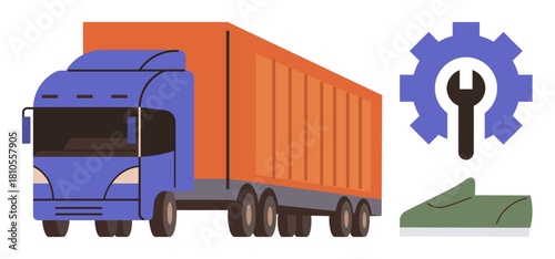 Large truck carrying cargo, gear with wrench symbolizing repair, green shoe for mobility. Ideal for logistics, shipping, repair, transportation, work tools mobility maintenance. Simple flat
