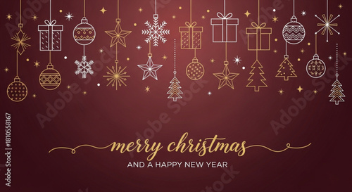 Merry Christmas and Happy New Year background, greeting card, poster, holiday cover . Christmas background with hanging icons and greetings. Festive decoration. Vector .