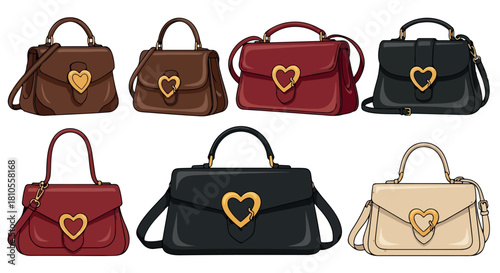 Various colored handbags with heart shaped details
