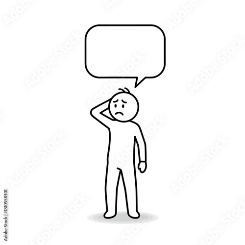 Vector illustration of a character showing confusion with a blank speech bubble above. Minimalist expressive line art.