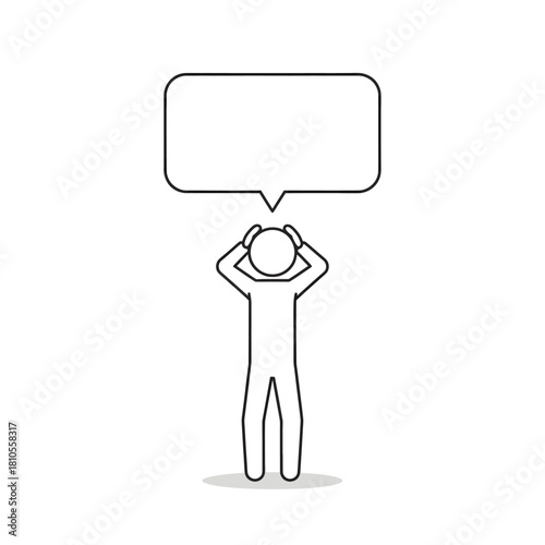 Hand-drawn vector of a puzzled character pointing sideways with a blank speech bubble, symbolizing misunderstanding.