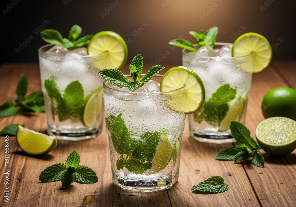 Fototapeta premium Three refreshing mojito cocktails with lime slices, mint leaves, and ice cubes on a wooden surface.