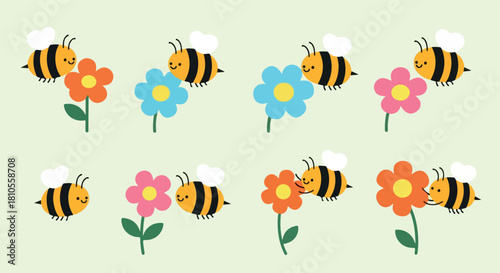 Happy bees visiting colorful flowers with transparent background