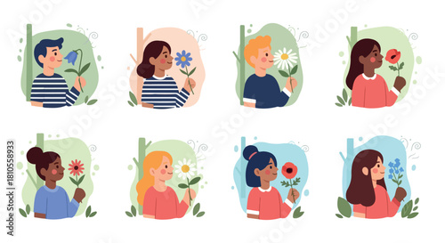 People holding flowers in circular frames