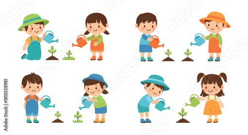 Children watering plants in garden with transparent background
