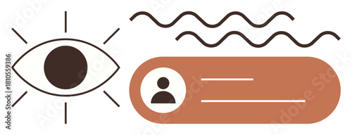 Eye icon representing vision beside a profile card with user details and abstract wavy lines. Ideal for identity, user interface, security, data visualization, creativity, branding, simple flat