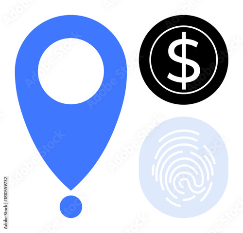 Blue location pin, black dollar symbol, and light fingerprint reflect themes of navigation, economy, biometric access, digital security, financial transactions, identity verification, and technology