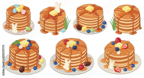 Stack of pancakes with toppings and bunny decorations