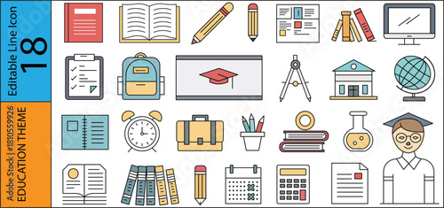 Colorful education icons depicting school supplies learning and academic themes