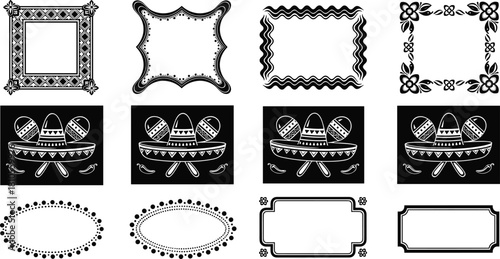 Mexican fiesta vector set with sombrero and maracas, decorative ornamental frames collection, black and white party design elements, Cinco de Mayo border illustration.