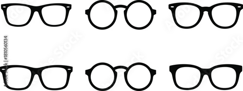 Minimal black vector illustration of assorted eyeglass frame styles arranged in two rows, featuring round and square shapes for fashion design, branding, and optical projects