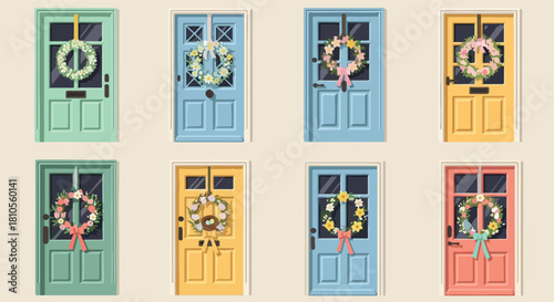Colorful doors with wreaths for home decor