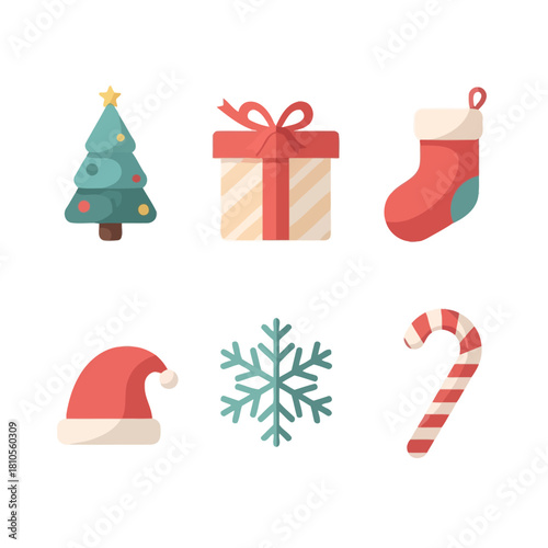 Christmas tree, gift box, and stocking winter holiday themed icon set
