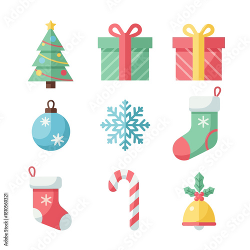 Christmas gifts, decorations, ornaments, stocking, and winter holiday icons