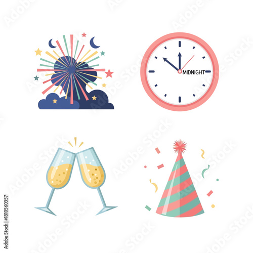 Fireworks, festive night sky, clock symbol, and celebration elements