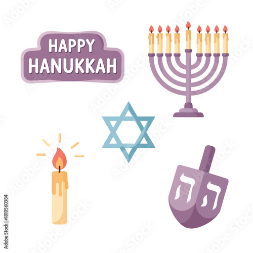 Hanukkah symbols with menorah candles, star icon, dreidel, and decorative seasonal elements
