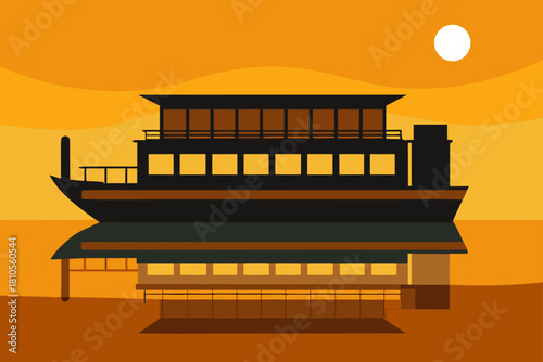 Stylized illustration of a boat docked at a pier during sunset