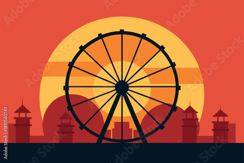 Ferris wheel silhouette against a vibrant sunset sky with city skyline