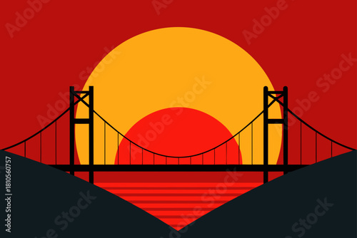 Stylized golden gate bridge at sunset with vibrant colors