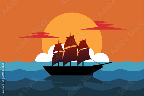 Silhouette of a sailing ship on the ocean at sunset